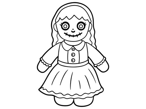 recommend clip art: Black outline of a haunted doll with stitched smile and button eyes isolated on white background. Concept of spooky character, Halloween decoration, rag doll, creepy toy, and minimalist illustration.