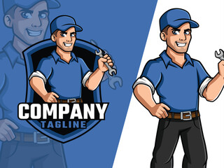 Mechanic Cartoon holding wrench Mascot Logo for Your Business