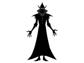Fototapeta premium Black silhouette of a wizard isolated on a white background. Concept of Halloween, evil sorcerer, magic fantasy character, cast spells, minimalist style, print, icon, design element.