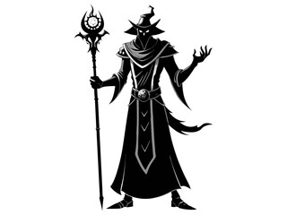 Fototapeta premium Black silhouette of a wizard isolated on a white background. Concept of Halloween, evil sorcerer, magic fantasy character, cast spells, minimalist style, print, icon, design element.