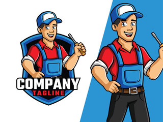 Electrician Cartoon holding Screw Driver Mascot Logo for Your Business