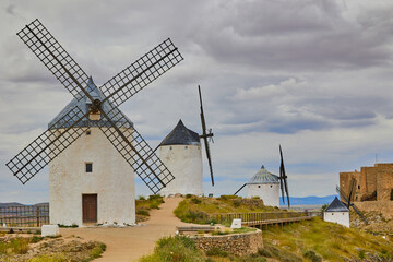 Old windmills in top of the hill in Consuegra Village