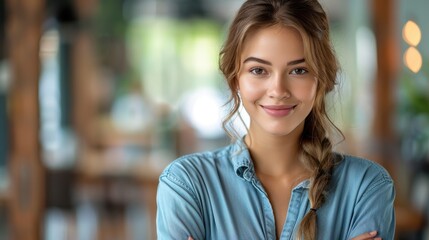 Obraz premium A woman leaning with folded arms, posing casually in a vibrant cafe setting. The background consists of soft, blurred interior elements that add to the calm ambiance.