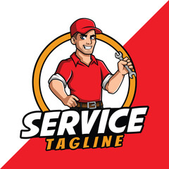 Mechanic Service Cartoon Mascot holding wrench template design