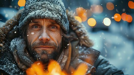 A bearded man dressed in winter clothing, including a knit hat and a fur-lined hood, warms himself by a fire while snow falls around him, creating a cozy atmosphere.