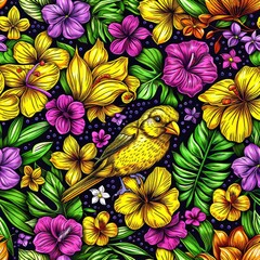 Vivid tropical jungle pattern with colorful flora and exotic fauna in bright hues