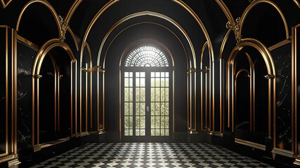 Fototapeta premium Aristocratic background with symmetrical arches and a wall with black and gold panels, beautiful pampas installations of white and black roses, 