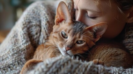Abyssinian kitten enjoys woman s warm embrace in a cozy home Celebrating the bond between human and cat on World Cat Day