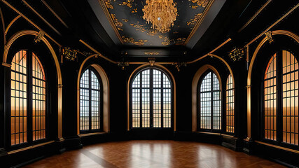 Fototapeta premium Aristocratic background with symmetrical arches and a wall with black and gold panels, beautiful pampas installations of white and black roses, 