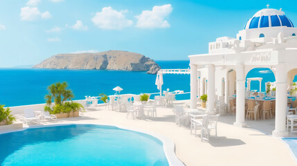 Fototapeta premium Greek beach hotel located at the water's edge, overlooking the calm sea. Holidays in a seaside resort,