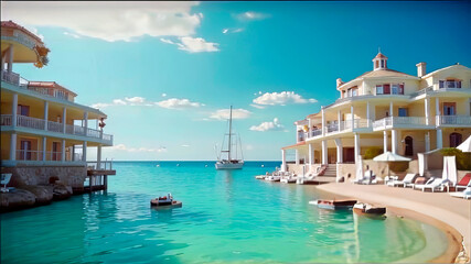 Greek beach hotel located at the water's edge, overlooking the calm sea. Holidays in a seaside resort,
