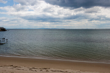 View from the Fishing port of Ravda, Nesebar municipality, Burgas Province, Bulgarian Black Sea coast under dark cloudy sky