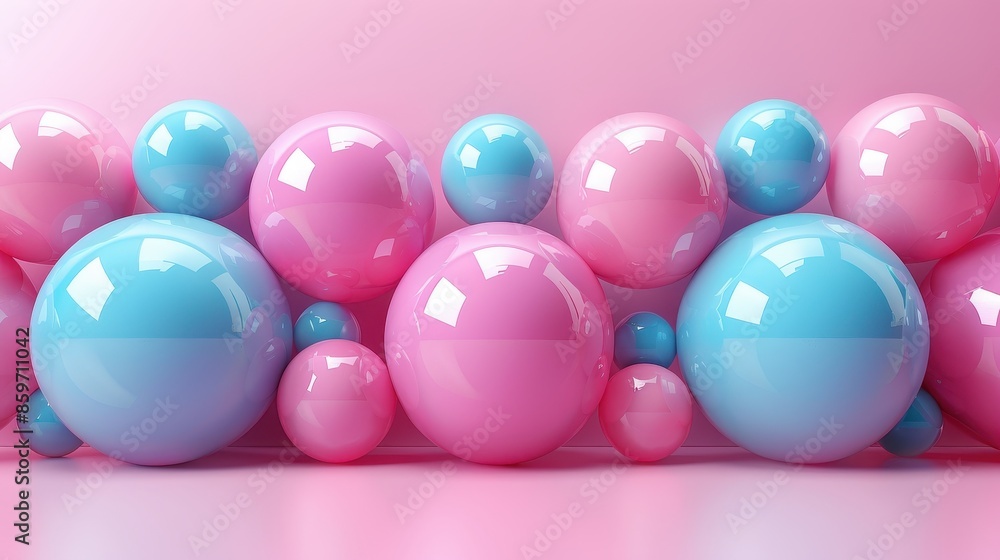 Poster glossy pastel pink and blue balls artistically arranged in a row set against a monochromatic backgro