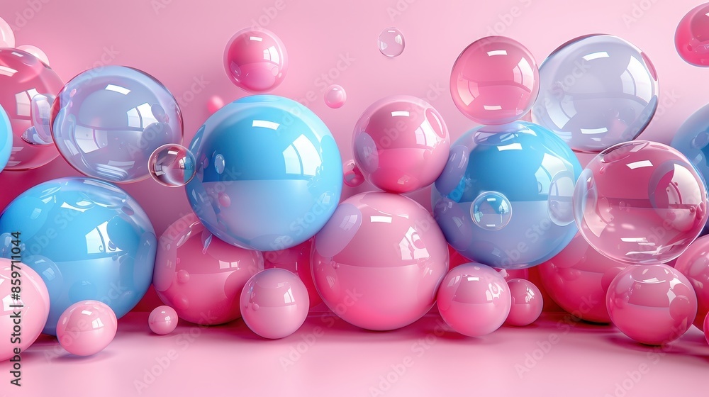 Poster pastel pink and blue spheres appear to float effortlessly in a dreamy, surreal setting with subtle r