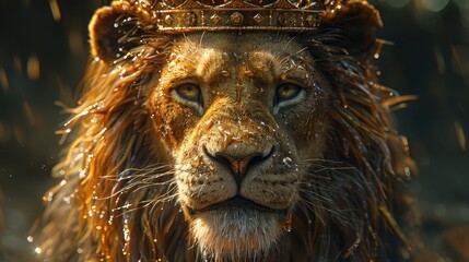A stunning image of a powerful lion wearing a golden crown, captured in a dramatic scene under rainfall, highlighting the lion's majestic presence and royal demeanor.