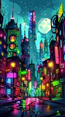 Obraz premium Futuristic skyline with sleek buildings, neon lights, scifi style, digital rendering