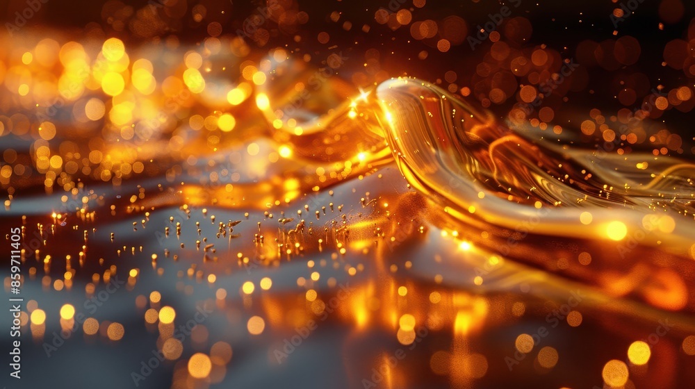 Poster an elegantly abstract image of golden flowing waves adorned with sparkling highlights and bokeh effe