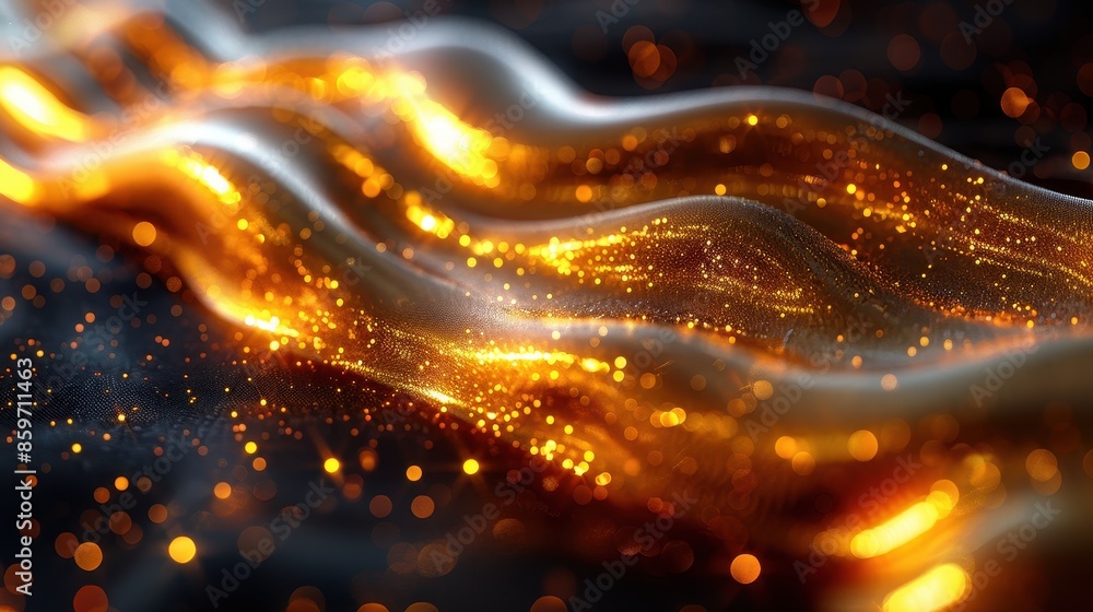 Poster an artistic abstract image of golden streams of light forming flowing waves against a dark backgroun