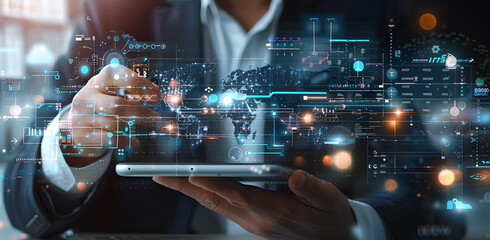 Technical support customer service concept, software engineer using laptop computer with customer support and global network, internet technology, it support, digital system service