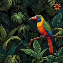 illustration colorful bird in a jungle with tropical plants.digital art