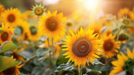 Obraz premium Sunflowers in a field, their yellow petals bright in the sunlight. Leaves are green, and sunlight beams down, creating a warm glow.