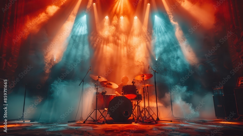 Poster this image exhibits a dramatic drum set on stage, illuminated by vibrant lighting effects that creat