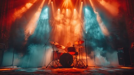 This image exhibits a dramatic drum set on stage, illuminated by vibrant lighting effects that create an intense atmosphere, emphasizing musical performance and artistic expression.