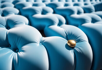 Fototapeta premium Golden macaron placed on blue upholstery in chic and modern design, captured up close