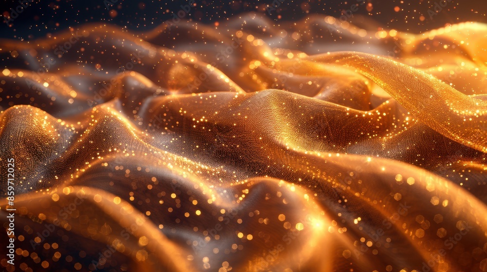 Poster this image showcases delicate glitter particles flowing in intricate golden waves, creating an encha