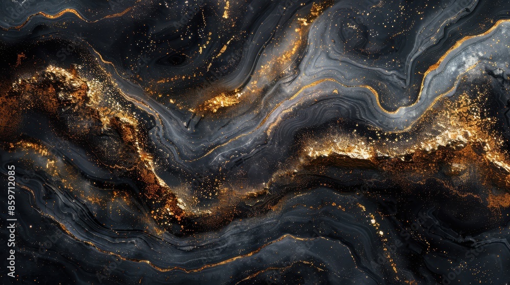 Poster this image features an abstract marble pattern with swirling black and golden accents, creating a dy