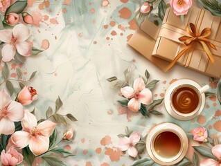 Elegant Mother's Day Flat Lay with Gift Boxes and Coffee Cups in Digital Painting Style Featuring Realistic Lifelike Figures