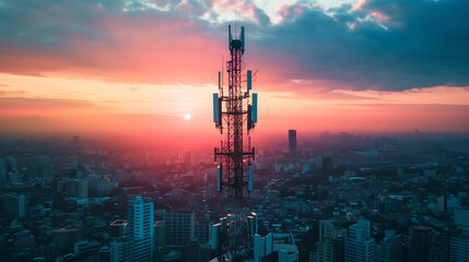  A tall cell tower in the middle of the Tokyo skyline at sunset, drone shot, hyper realistic photography, beautiful sky, city lights below, in the style of hyper realistic photography.