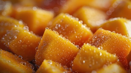 Close-up image of mango cubes with gleaming water droplets, displaying their fresh and juicy nature, with a rich realistic texture that showcases the deliciousness.