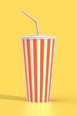 Fast food cola drink cup, drinking straw. Generic striped beverage package on yellow background with shadow. Graphic design element for restaurant advertisement, menu, poster, flyer. 3D illustration