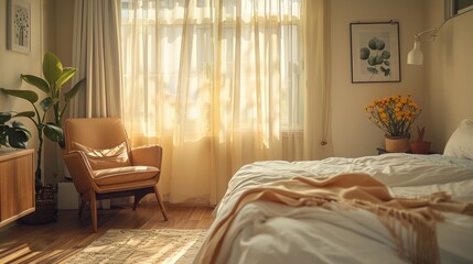 Cozy Student Apartment Decor - Functional Furniture Selection in Photorealistic Style with Soft Sunlight on Beige and White Background