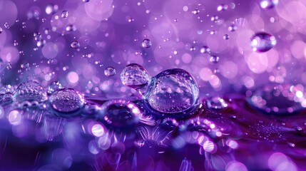 Macro photograph of backlit liquid liquid mixture on purple backdrop Physics elegance depicted through glittery clusters and droplets particles aligning to form captivating designs