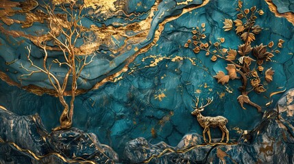 Fototapeta premium Majestic Blue and Gold Abstract Nature Scene. Mural or wallpaper background. High quality AI generated image