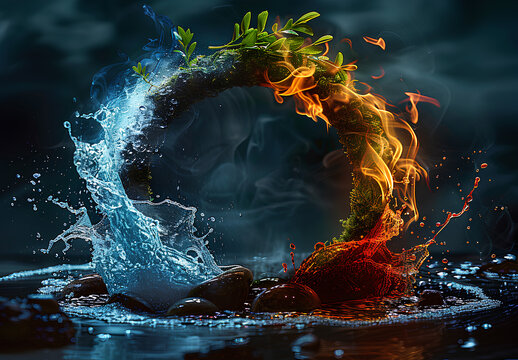 The four elements of nature in a breathtaking creative design. All four elements forming a circular shape. Earth, wind, fire, air, water. Dramatic dark background emphasizing the elements in the cente