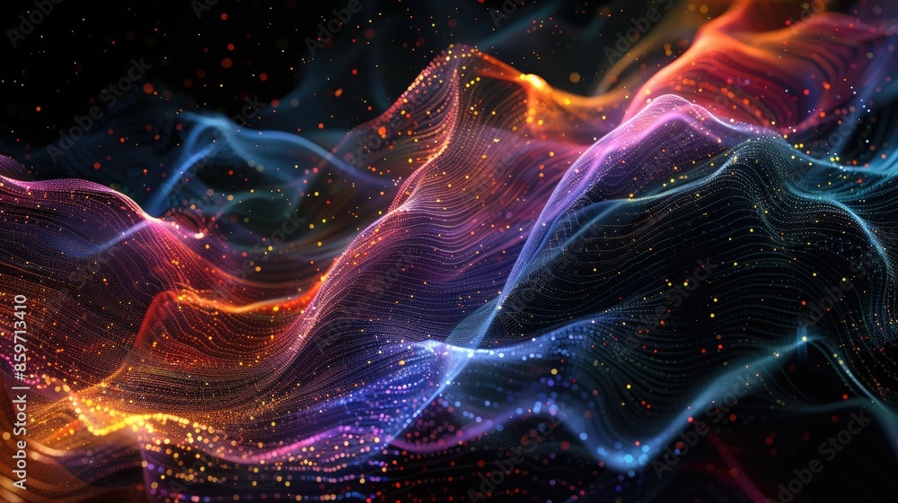 Poster an animated digital landscape displays vivid points and colorful lines, generating a dynamic visual 