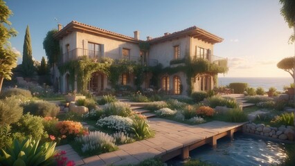 Fototapeta premium Beautiful villa with a soothing garden by the sea