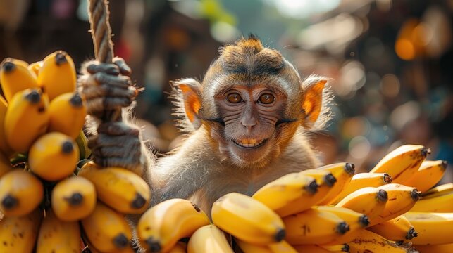 A mischievous monkey swinging from vines, its face contorted in a playful grin, as it steals a banana from a passing fruit vendor.