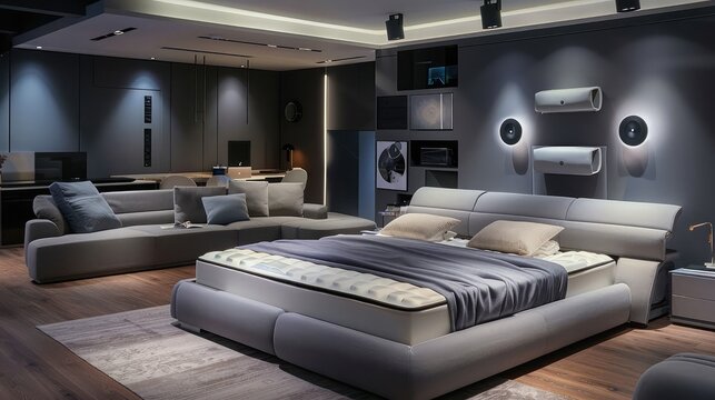 A king-size bed with a high-tech adjustable base and a sleek modular sofa against a graphite wall, featuring integrated smart lighting and sound systems