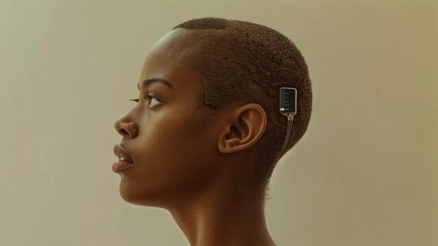 African American woman wearing brain microchip implant innovative technology on her head Generative AI