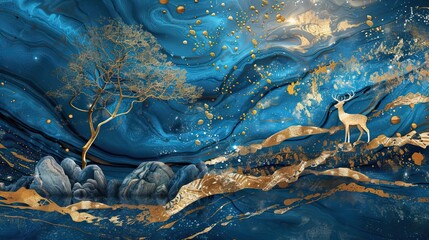 Fototapeta premium Majestic Blue and Gold Abstract Nature Scene. Mural or wallpaper background. High quality AI generated image