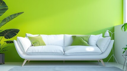 A minimalist AI-controlled sofa in white against a bright neon green wall, accentuating a fresh and lively bedroom decor