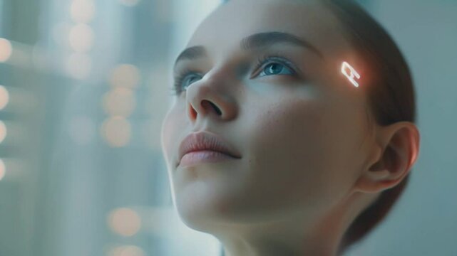 woman wearing digital brain microchip implant innovative technology on her head Generative AI