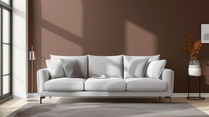 A modern AI-controlled sofa in light gray against a rich chocolate brown wall, blending comfort with elegance in a bedroom design