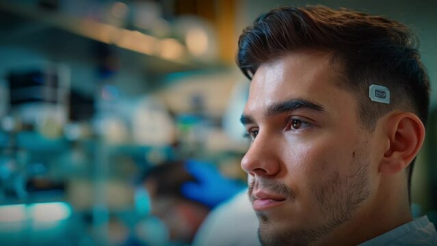 Young man wearing brain microchip implant technology on his head Generative AI