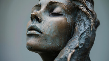 A close-up of a detailed bronze statue features a peaceful face with closed eyes and flowing hair, capturing a serene, almost meditative expression.
