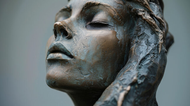 A close-up of a detailed bronze statue features a peaceful face with closed eyes and flowing hair, capturing a serene, almost meditative expression.